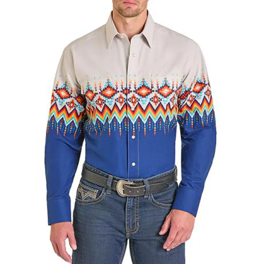 Panhandle Men's Border Print Long Sleeve Snap Shirt