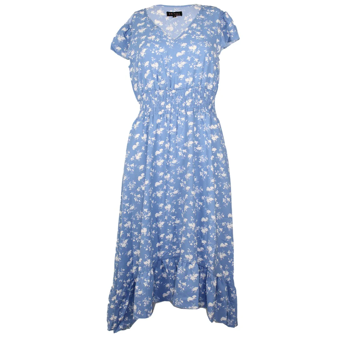 En/Kay Women's Blue W/ Print Flower Midi Dress