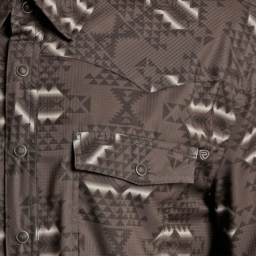 Rock & Roll Cowboy Men's Tek Western Charcoal Aztec Print Long Sleeve Snap Shirt