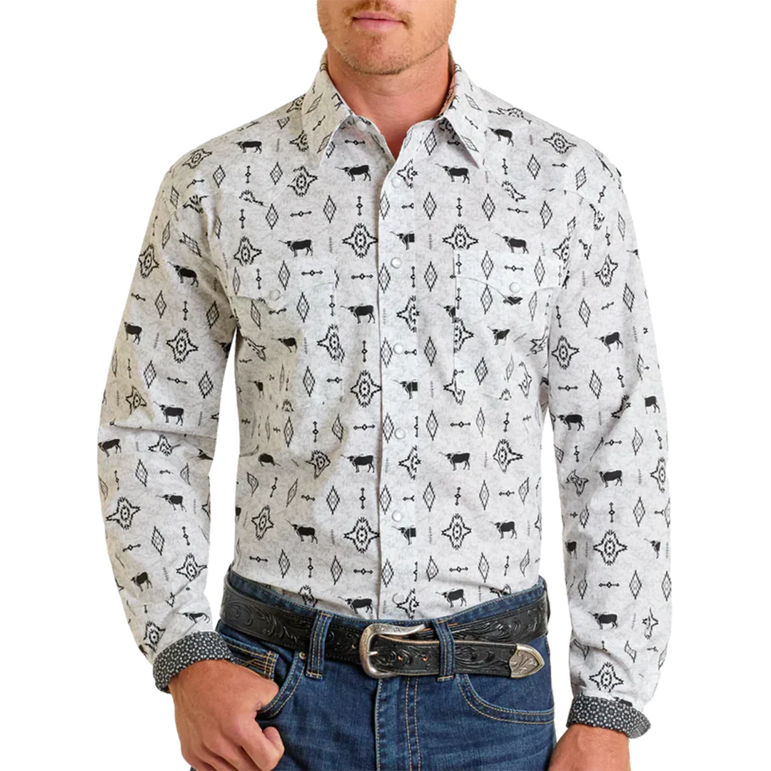 Rough Stock Men's Steer Print Long Sleeve Snap Shirt