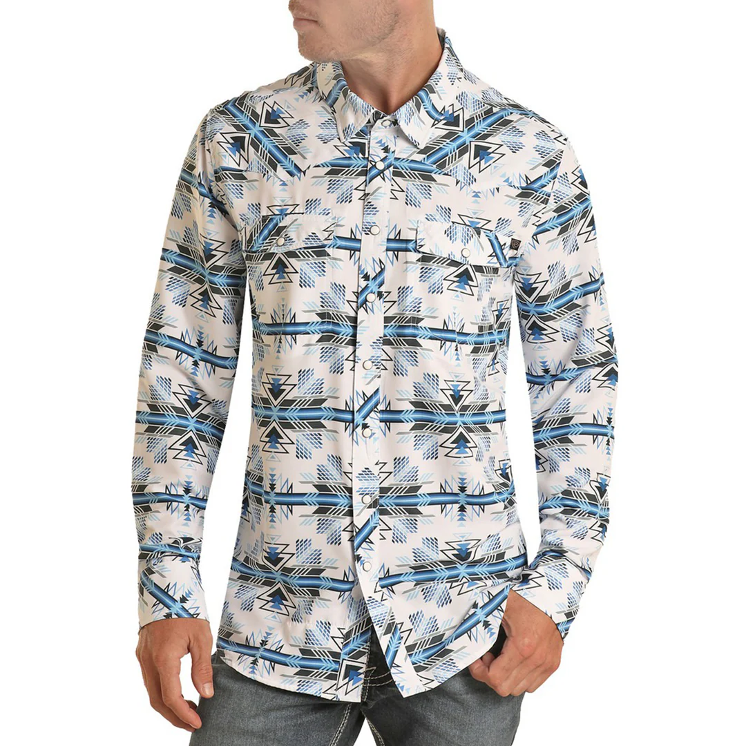 Rock & Roll Cowboy Men's Tek Western Aztec Print Long Sleeve Snap Shirt