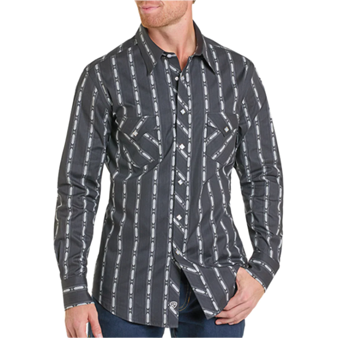 Rock & Roll Denim Men's Printed Stripe Long Sleeve Snap Shirt