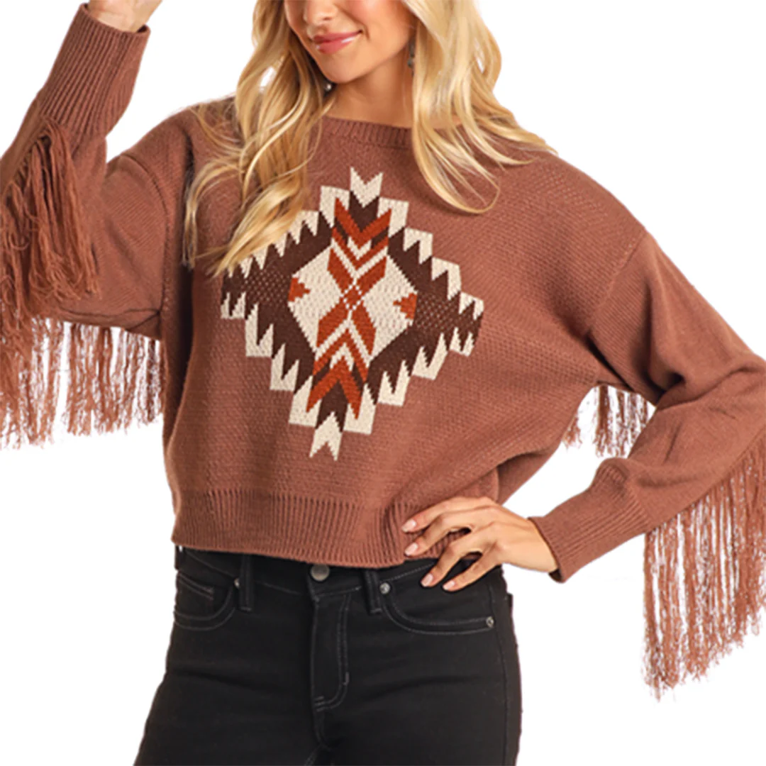 Rock & Roll Denim Women's Aztec With Fringe Sweater