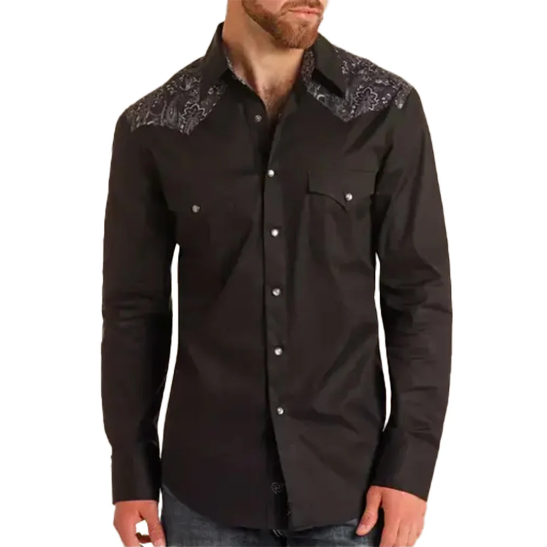 Rock & Roll Denim Paisley Yolk Western Long Sleeve Snap Shirt