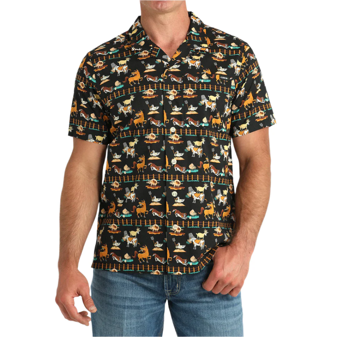 Cinch Men's Funny Farm Camp Short Sleeve Button Shirt