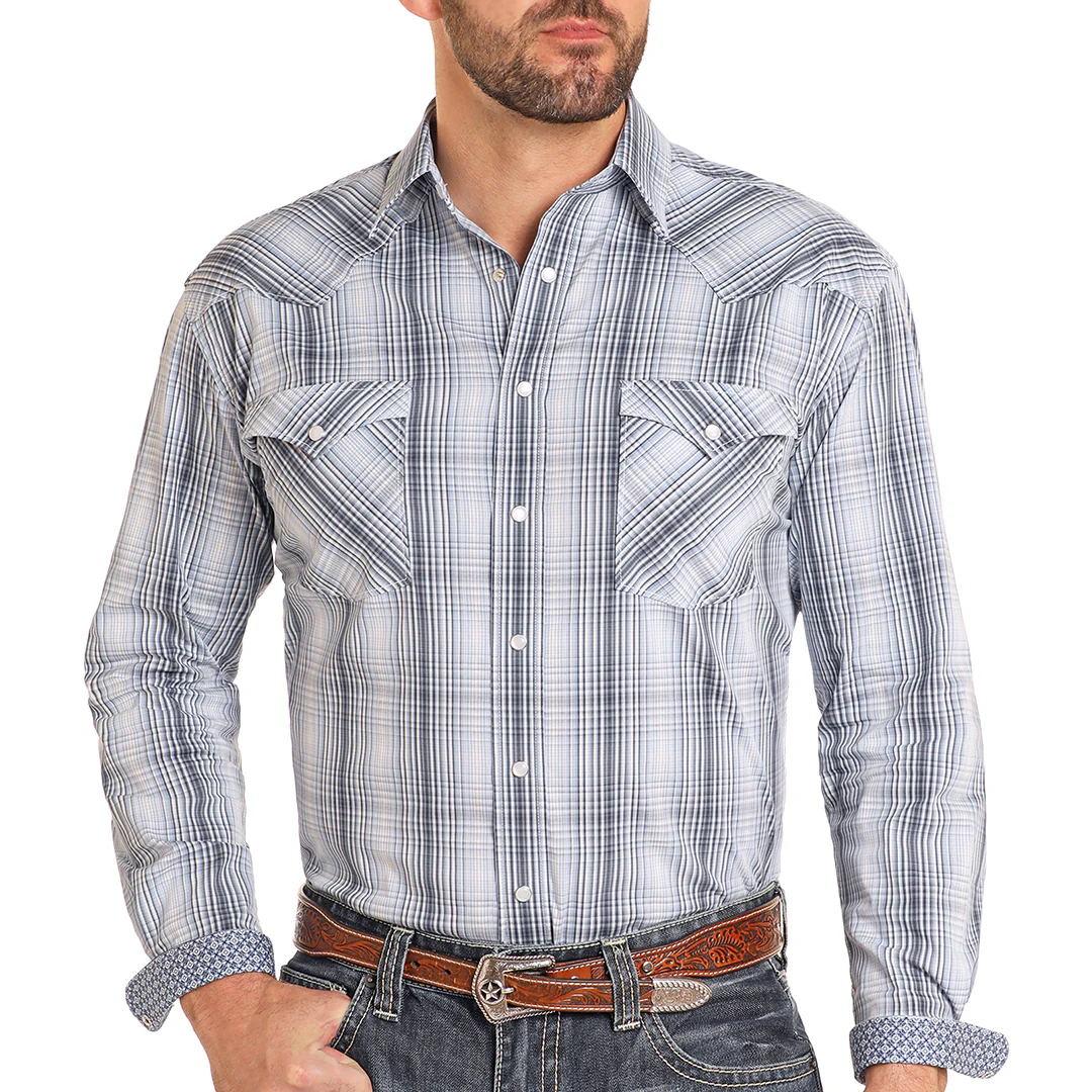 Rough Stock Men's Plaid Print Long Sleeve Snap Shirt