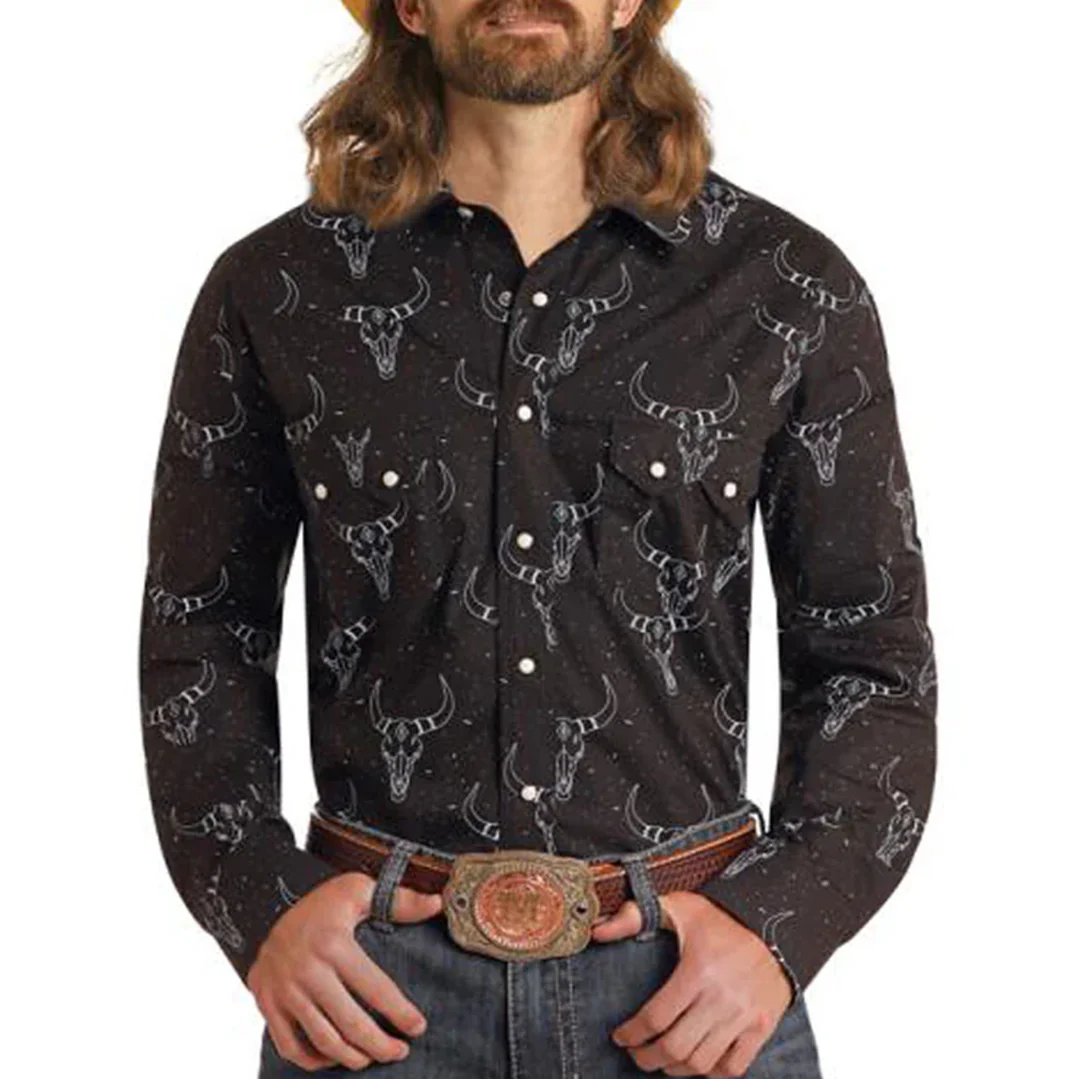 Rock & Roll Denim Men's Longhorn Long Sleeve Snap Shirt