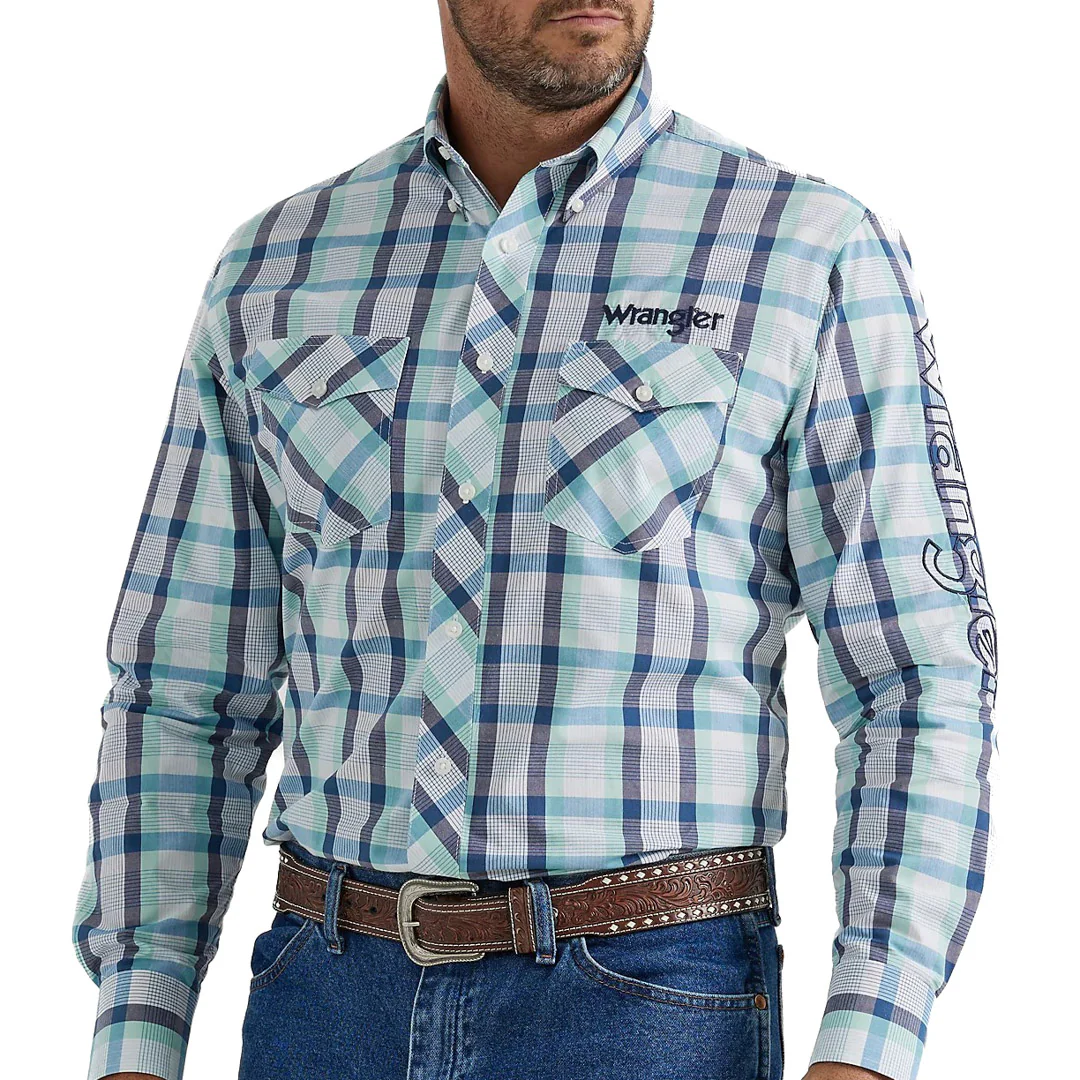 Wrangler Men's Logo Western Button Shirt In Teal Plaid