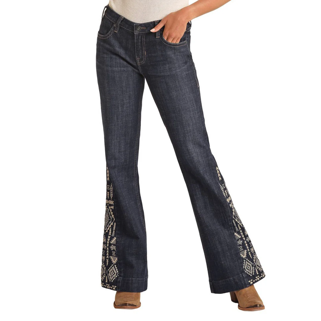 Rock & Roll Cowgirl Women's Aztec Mid Rise Relaxed Fit Trouser Jeans