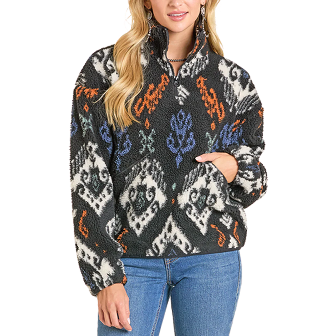 Rock & Roll Denim Women's Aztec Print Sherpa 1/4 Zip Sweater