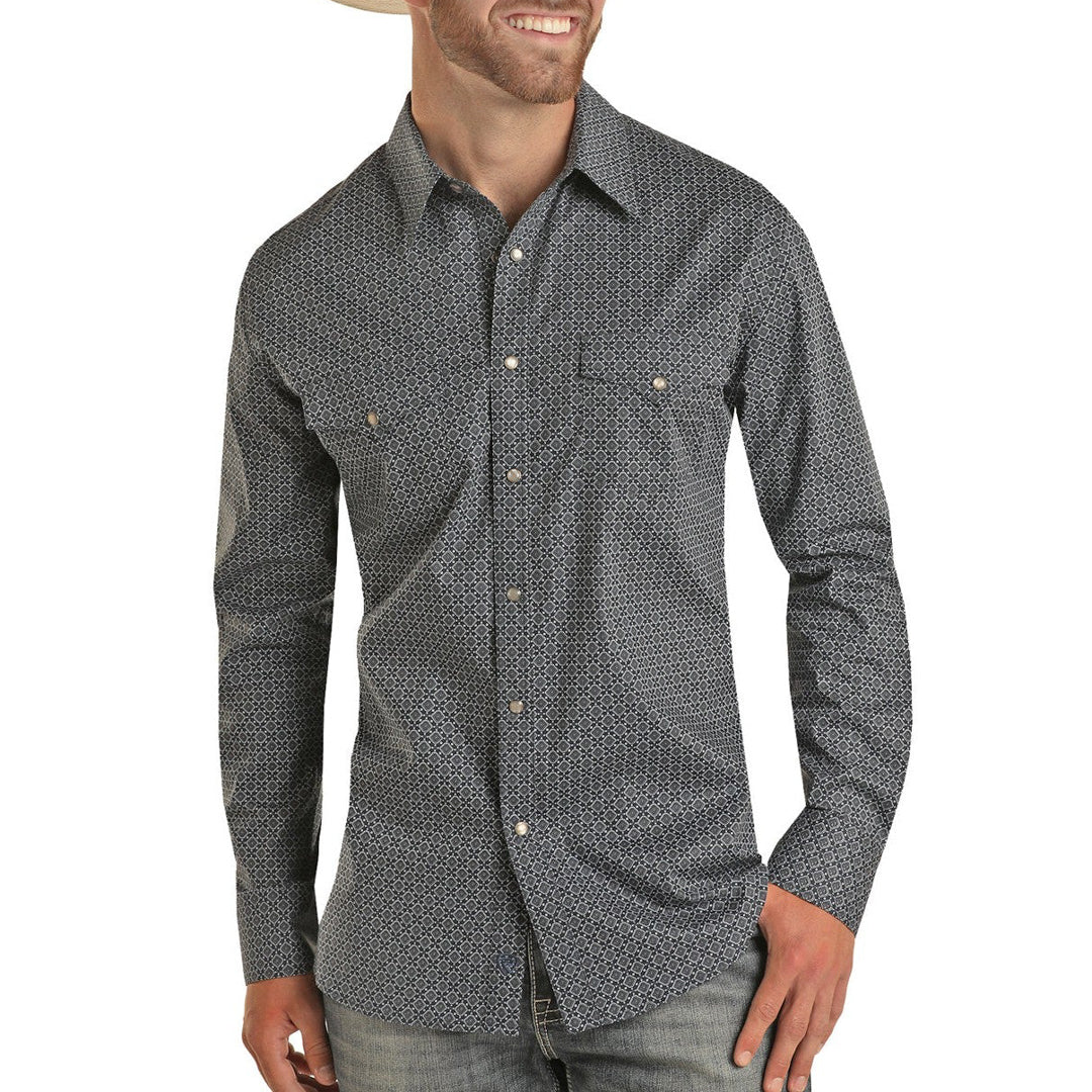 Rock & Roll Cowboy Men's Rock & Roll Denim Geo Print Snap Shirt