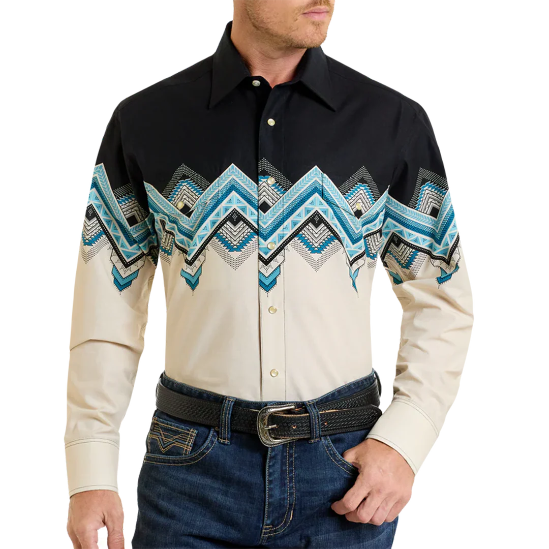 Panhandle Men's Mini Chevron Aztec Print Border Long Sleeve Snap Shirt