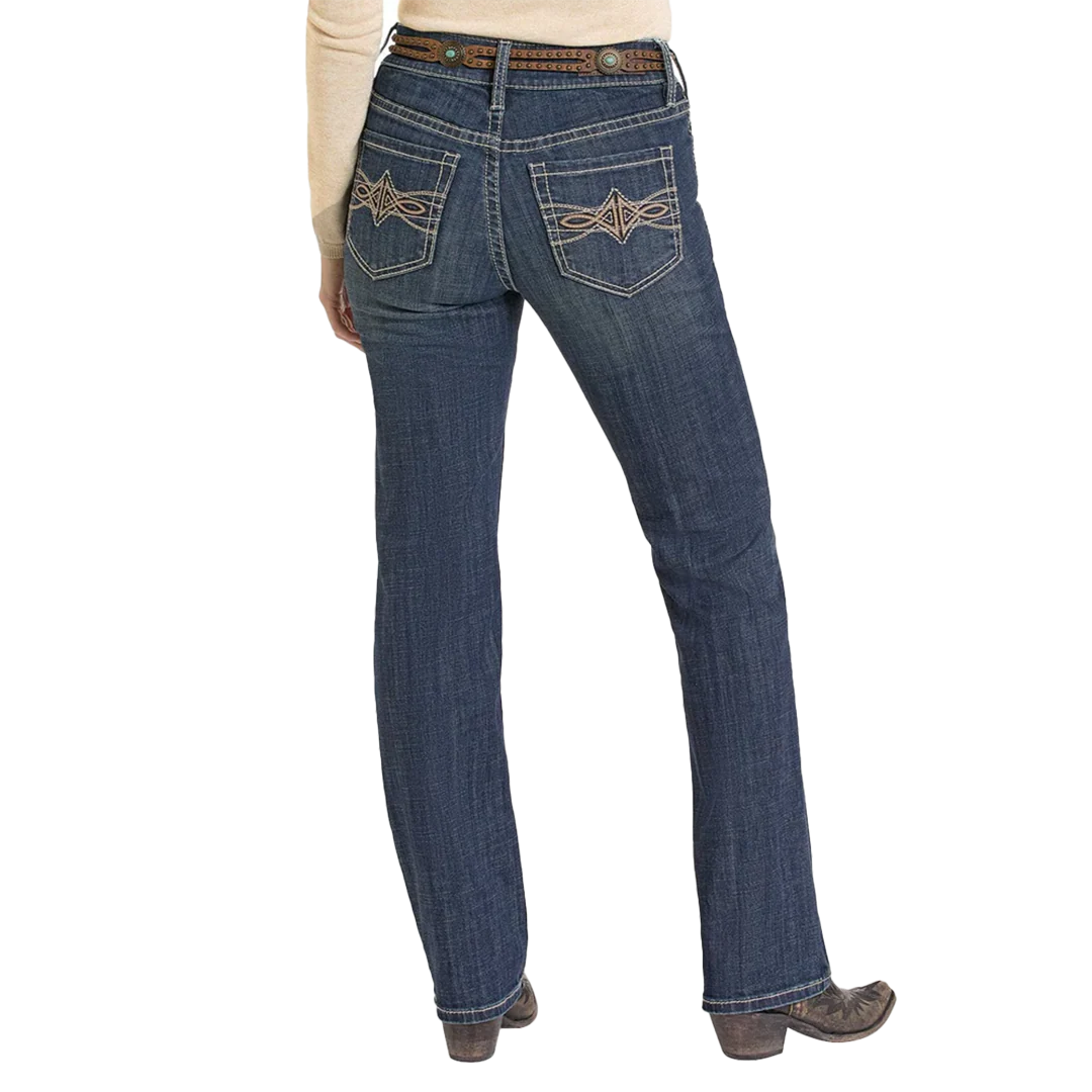 Rock & Roll Denim Women's Leather Embroidered Pocket Modest Bootcut Jeans