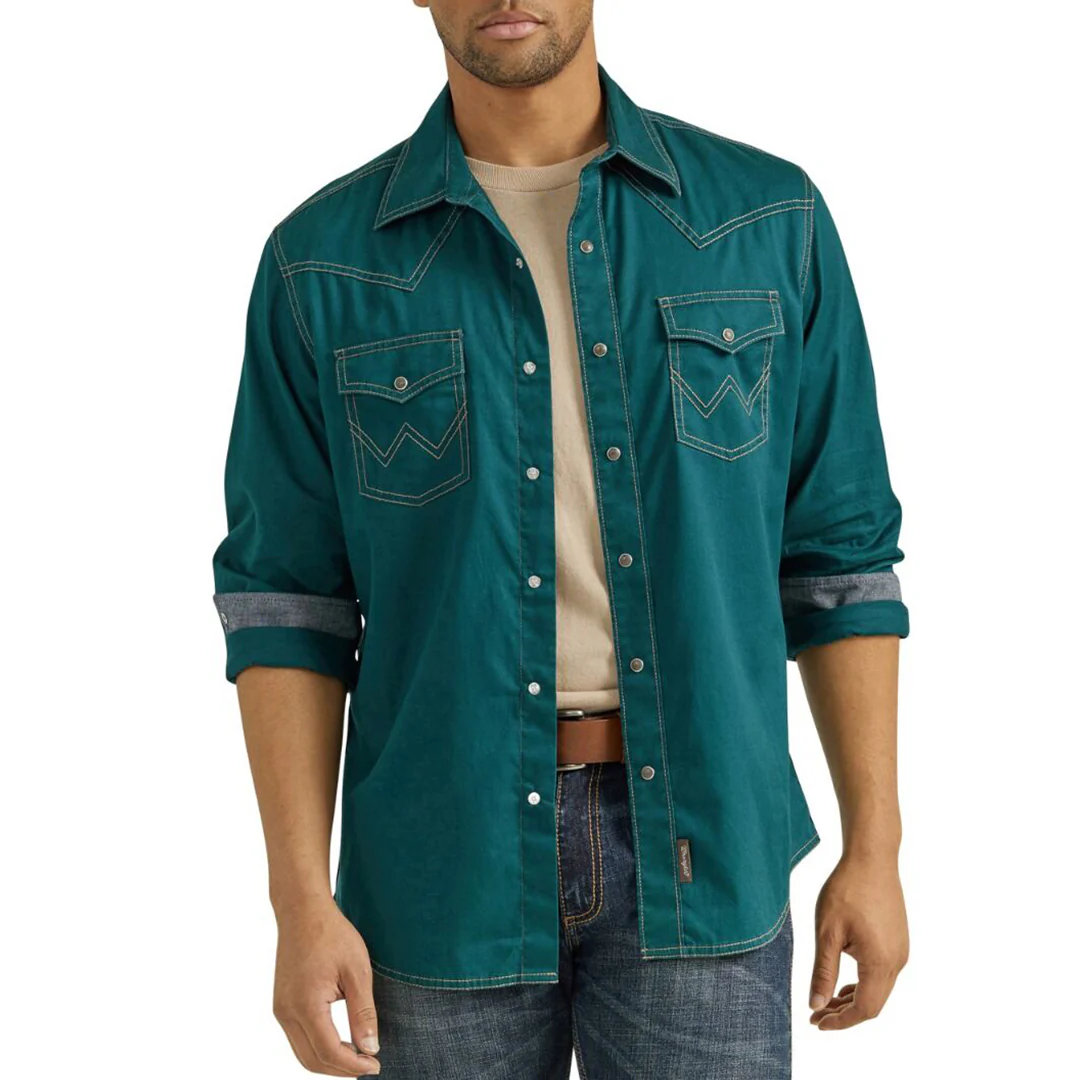 Wrangler Men's Deep Teal Long Sleeve Snap Shirt