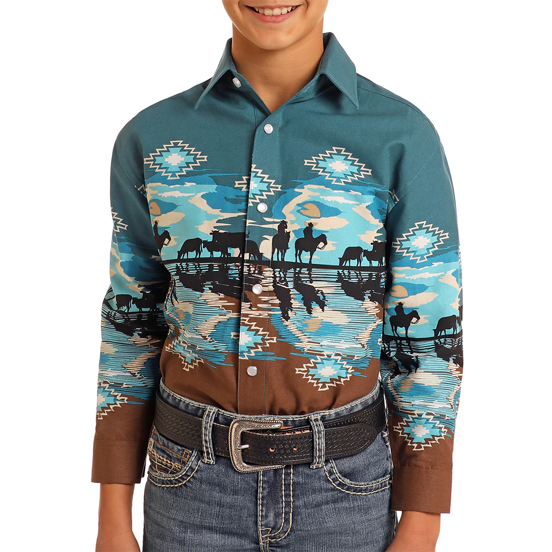 Panhandle Boys' Aztec Border Print Snap Shirt