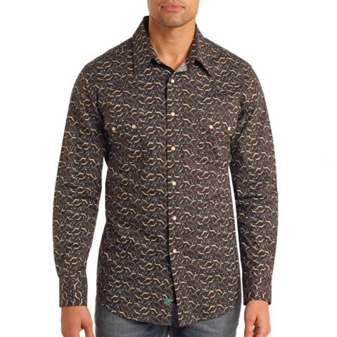 Rock & Roll Denim Longhorn Print Long Sleeve Snap Shirt