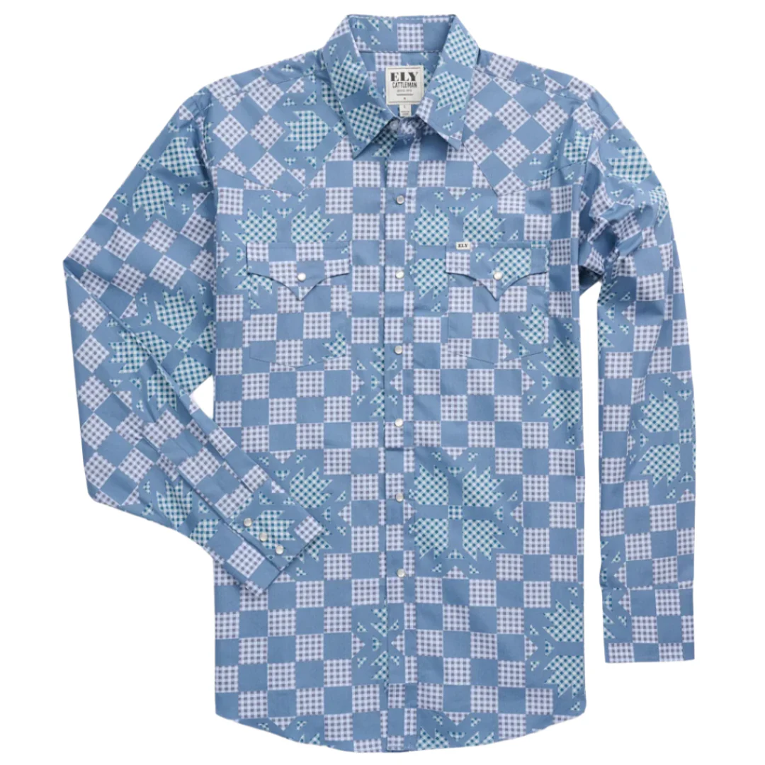 Ely Cattleman Men's Checkered Patchwork Print Long Sleeve Snap Shirt