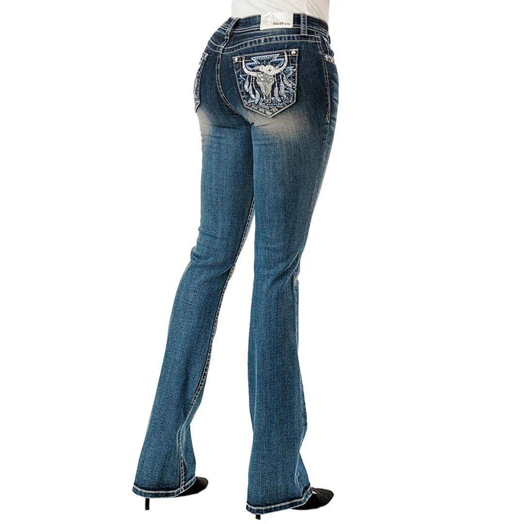 Grace In LA Women's Steer Head Embellished Pocket Bootcut Jeans