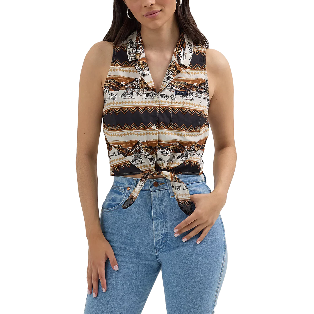 Wrangler Women's Bold Printed Sleeveless Tie Front Shirt