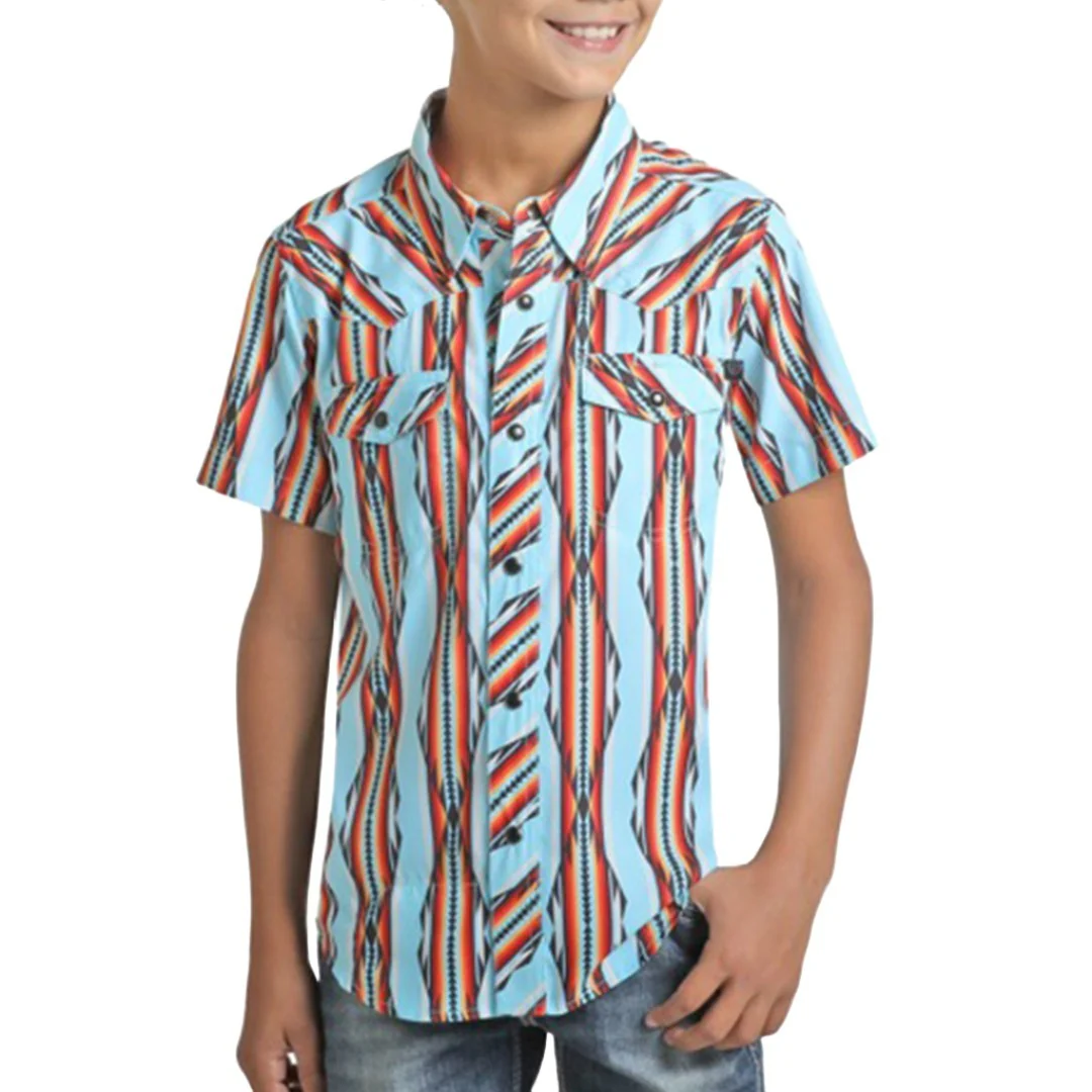 Rock & Roll Denim Boys' Tek Western Bold And Bright Aztec Short Sleeve Snap Shirt