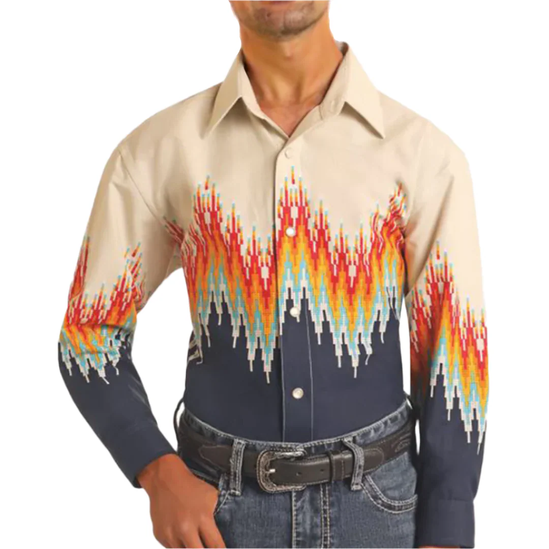Panhandle Men's Aztec Border Print Long Sleeve Snap Shirt