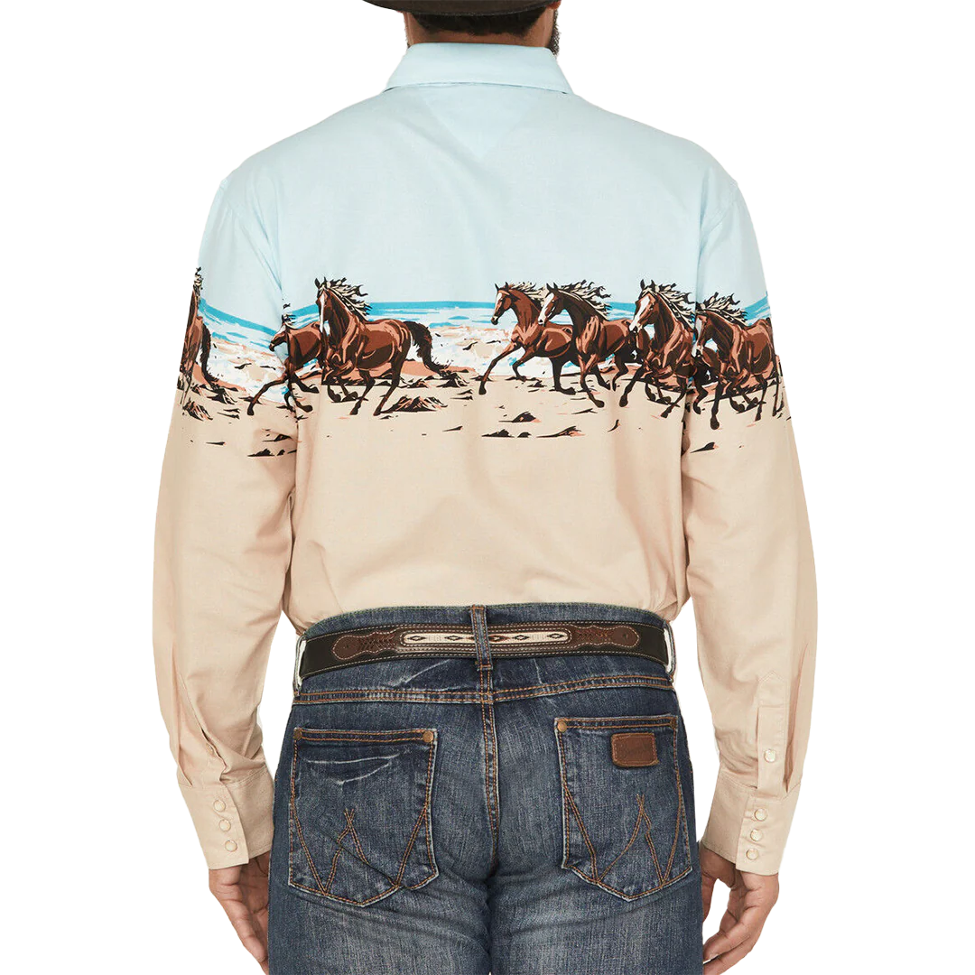 Panhandle Men's Horse Print Border Long Sleeve Snap Shirt