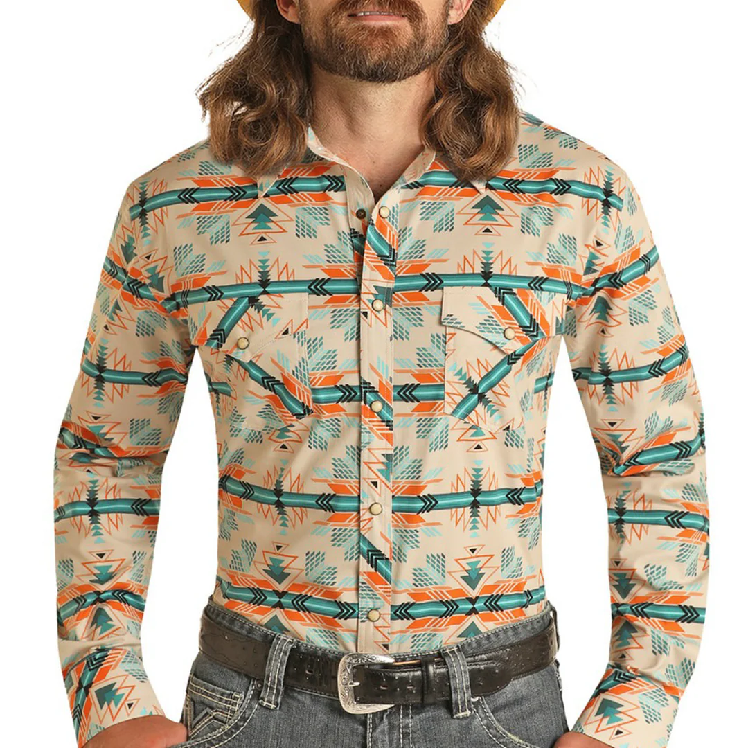 Rock & Roll Cowboy Men's Aztec Print Snap Shirt In Beige