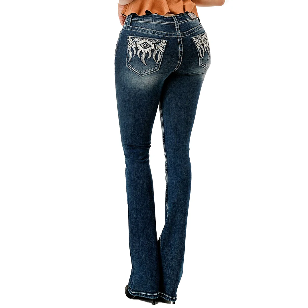 Grace in LA Women's Aztec Detail Pocket Bootcut Jeans