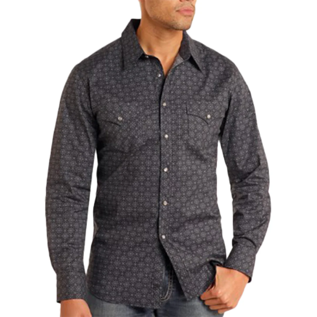 Rock & Roll Denim Men's Medallion Printed Long Sleeve Snap Shirt