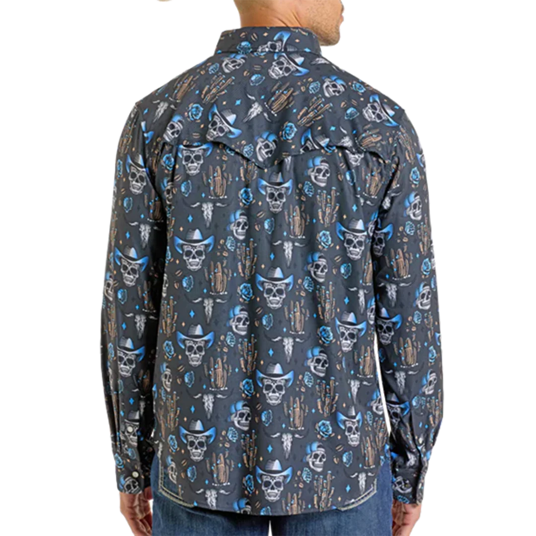 Rock & Roll Denim Men's Skull Print Long Sleeve Snap Shirt