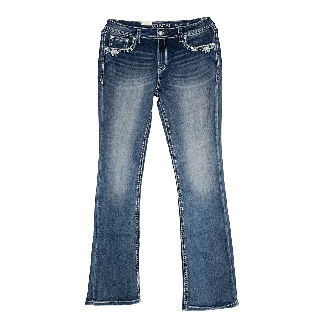 Grace in LA Women's Floral Flap Pocket Bootcut Jeans