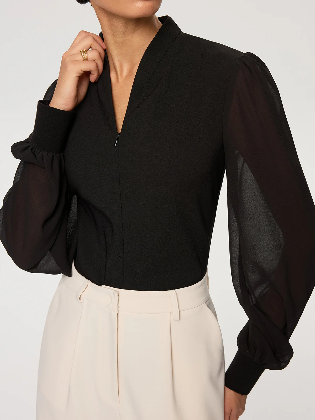 Zip Detail Chiffon Sleeves Blouse