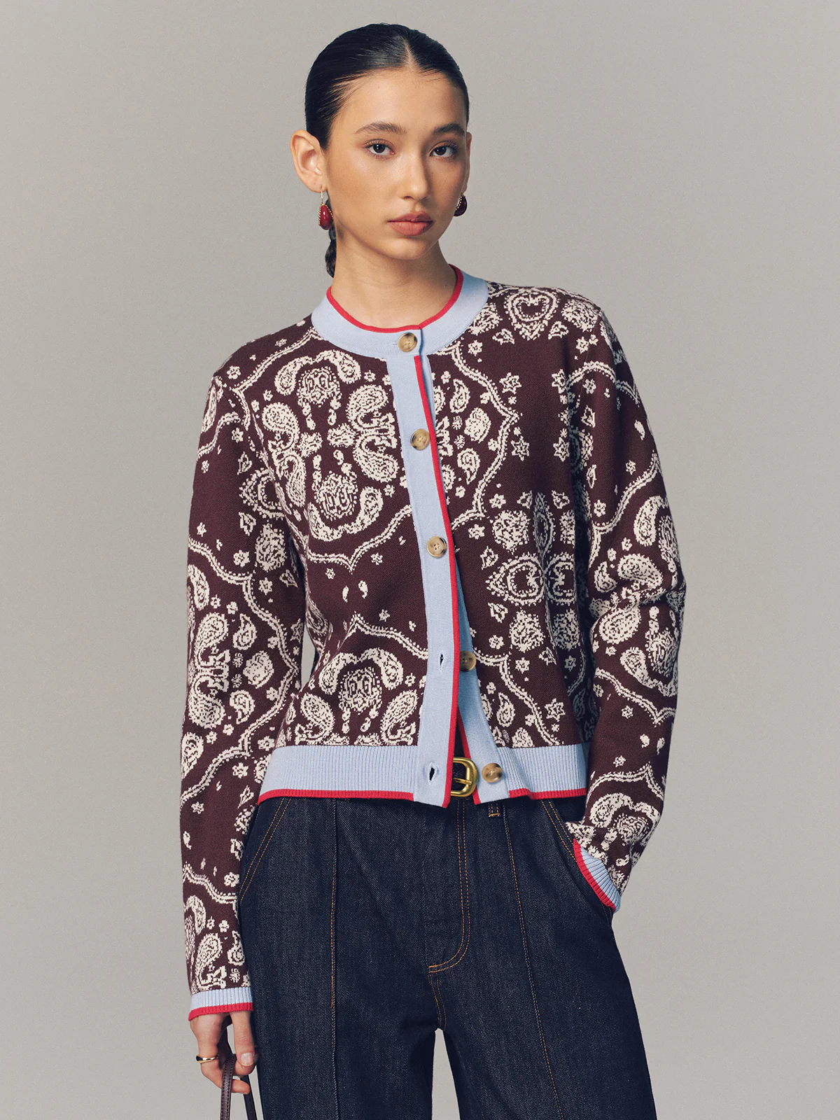 Contrast Trim Paisley Knit Cardigan