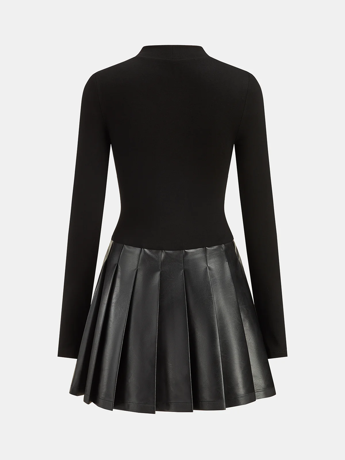 Faux Leather Pleated Panel Long Sleeve Dress