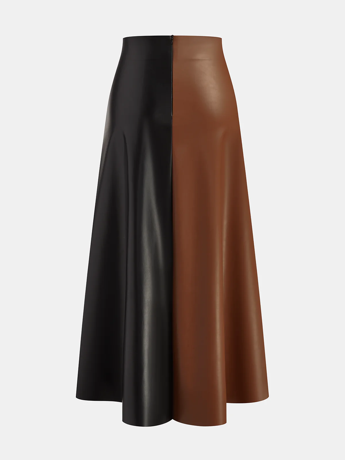 Color Block Asymmetric Faux Leather Midi Skirt