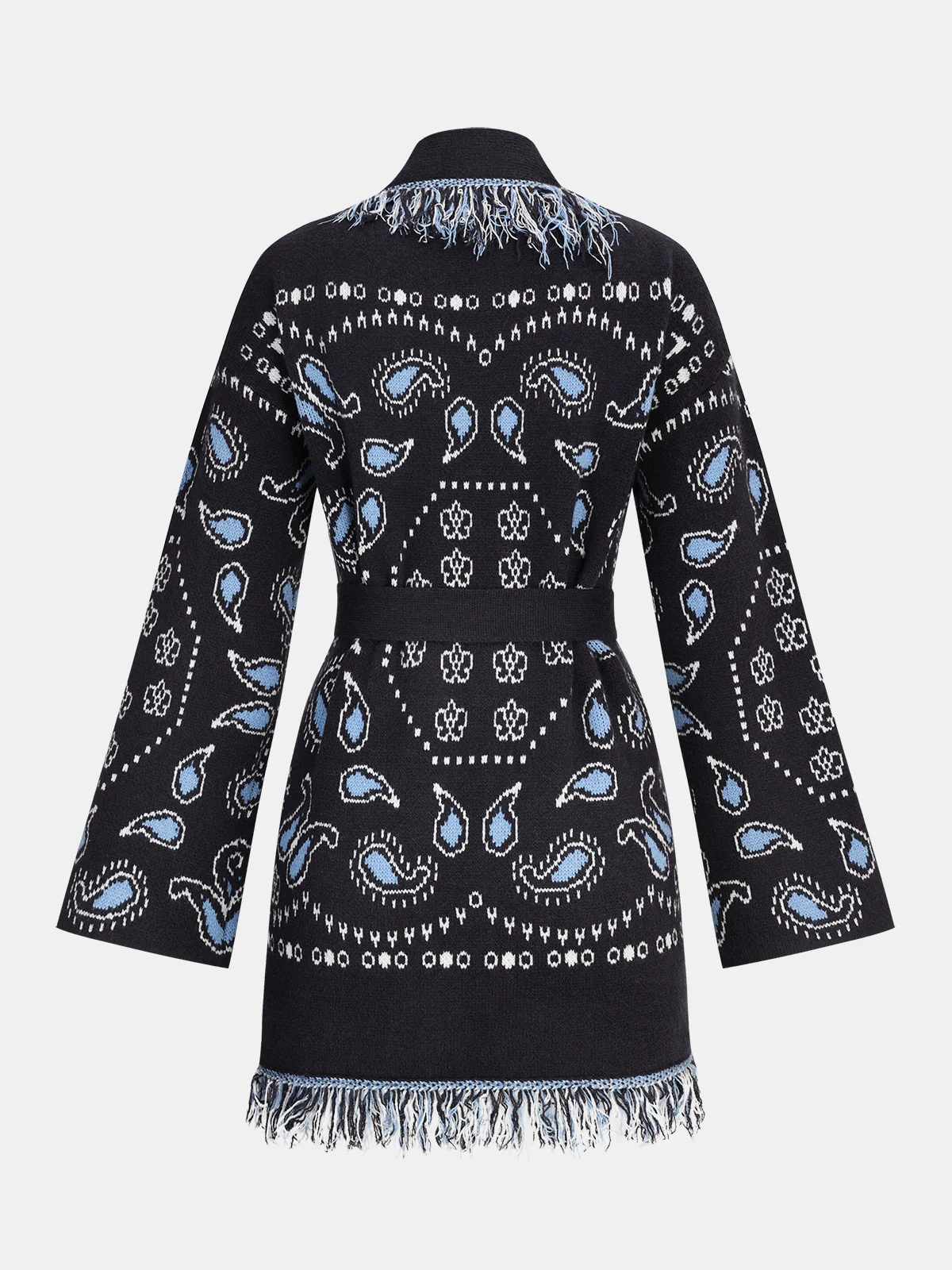 Belted Paisley Fringe Knit Cardigan