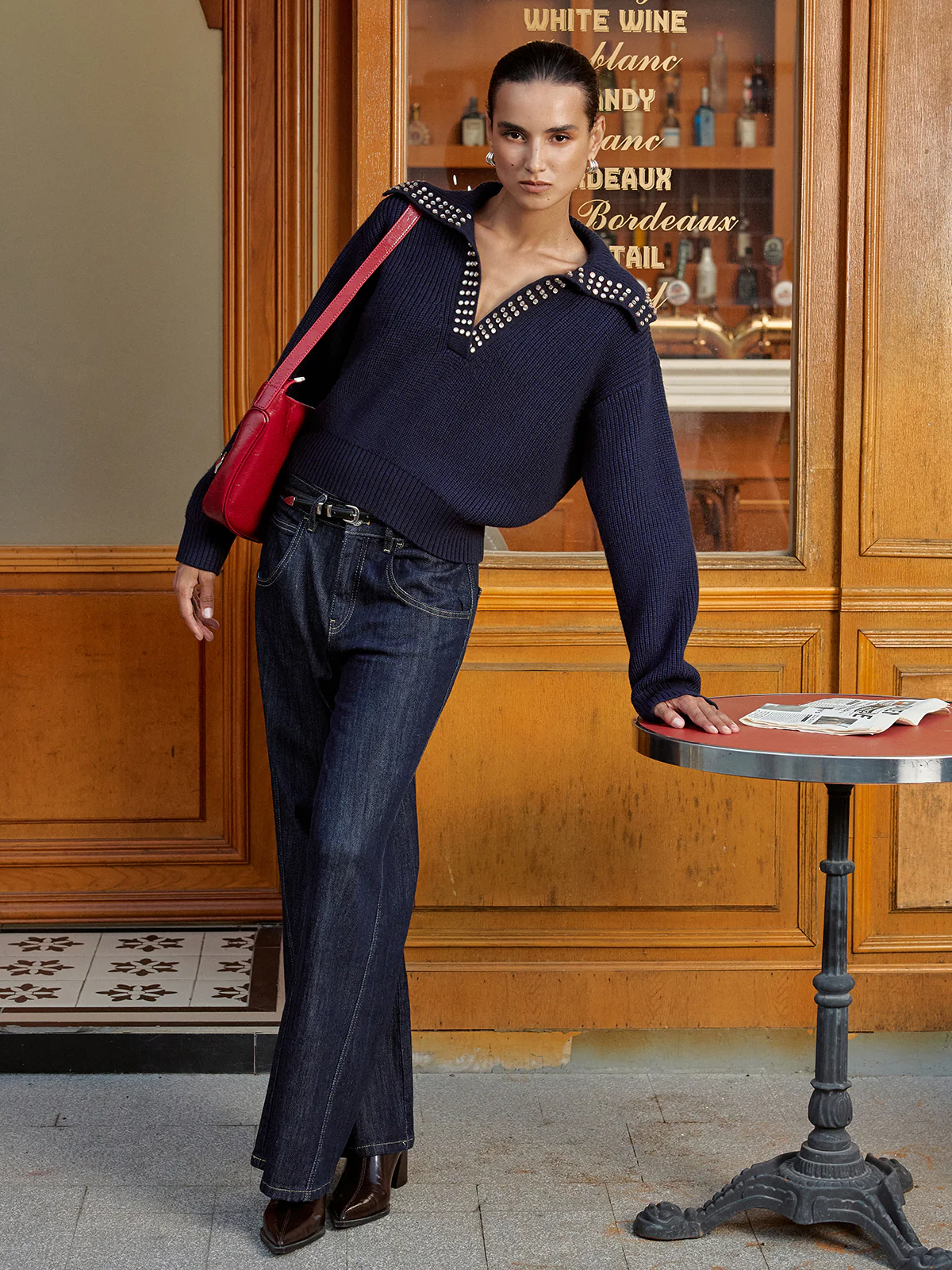 Studded Collar Wool Blend V-Neck Sweater