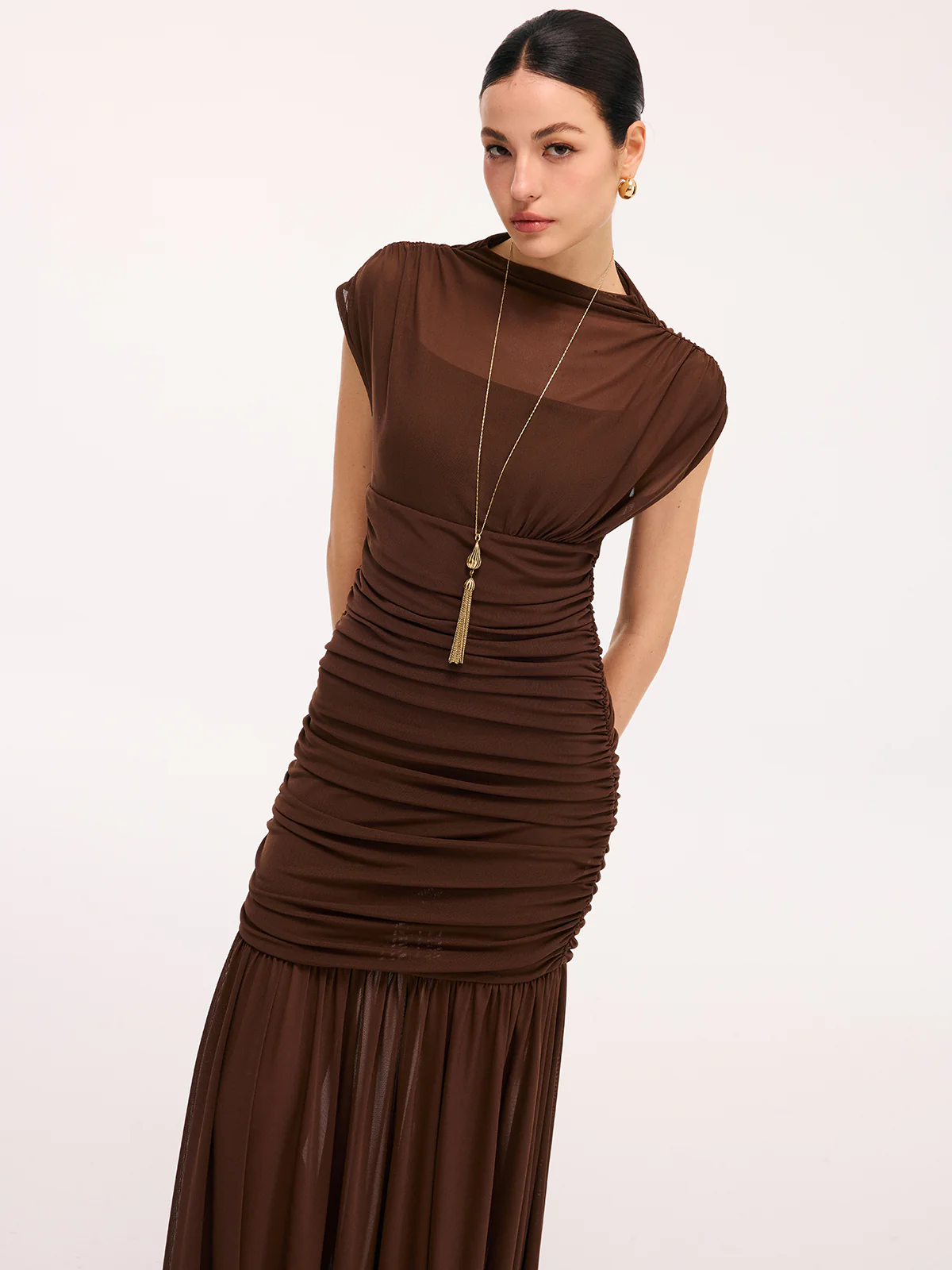 Semi-Sheer Ruched Mesh Cap Sleeve Maxi Dress