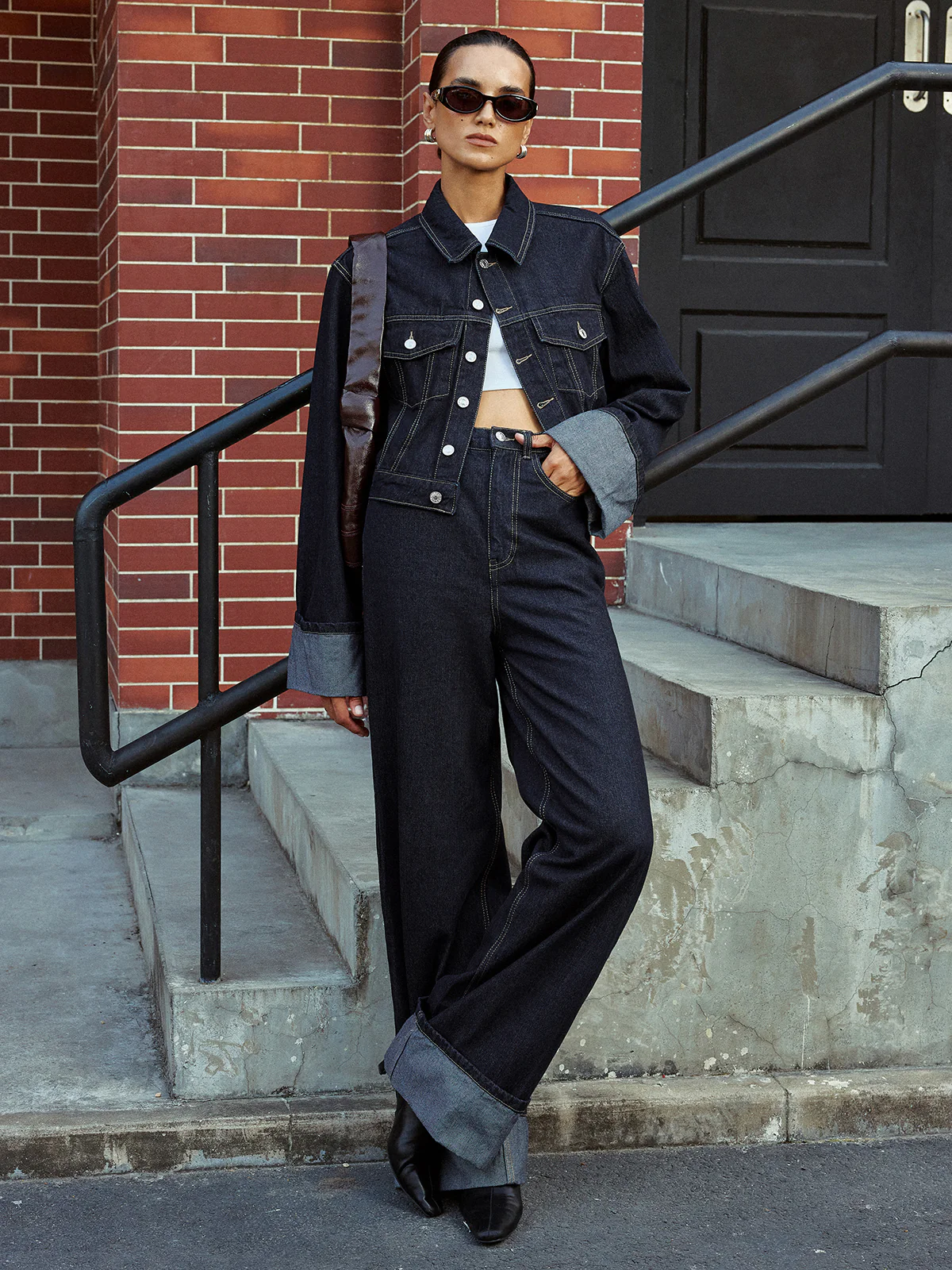 High-Waist Cuffed Wide-Leg Jeans