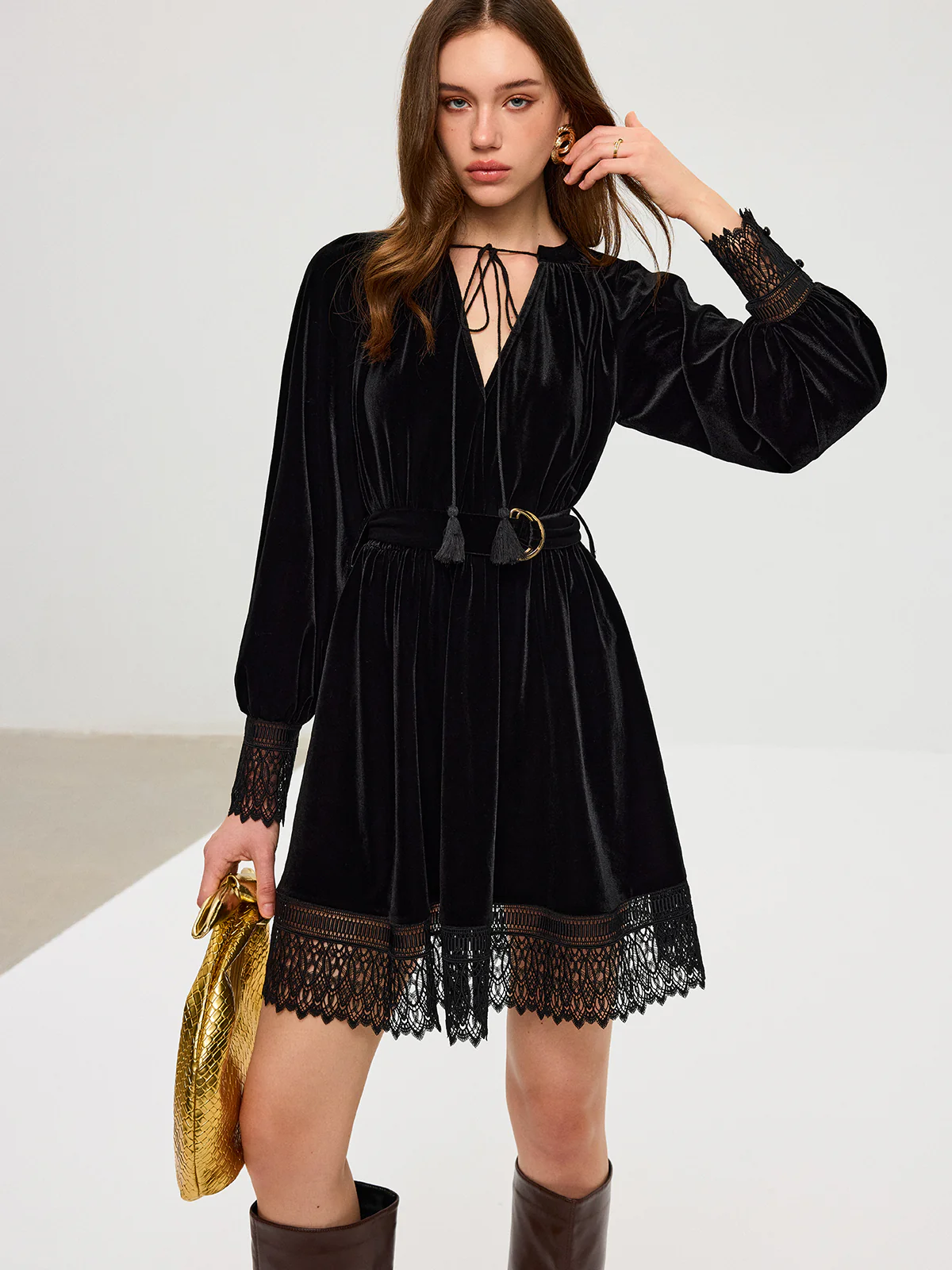 Velvet Belted Lace Trim Mini Dress