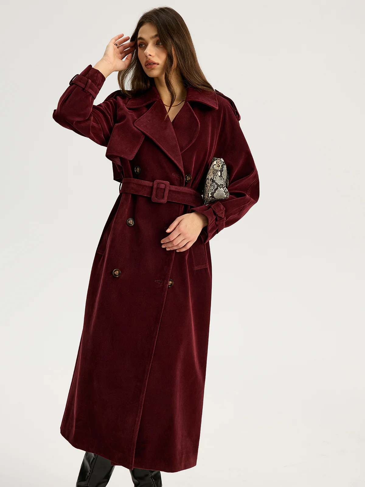 Belted Double-Breasted Suede Effect Long Trench Coat
