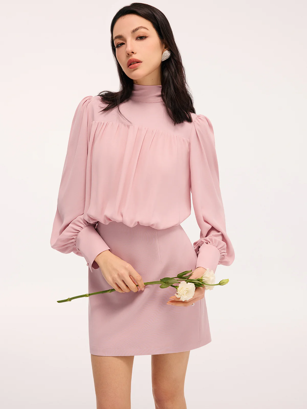Back Bow Detail Puff-Sleeve Blouson Dress