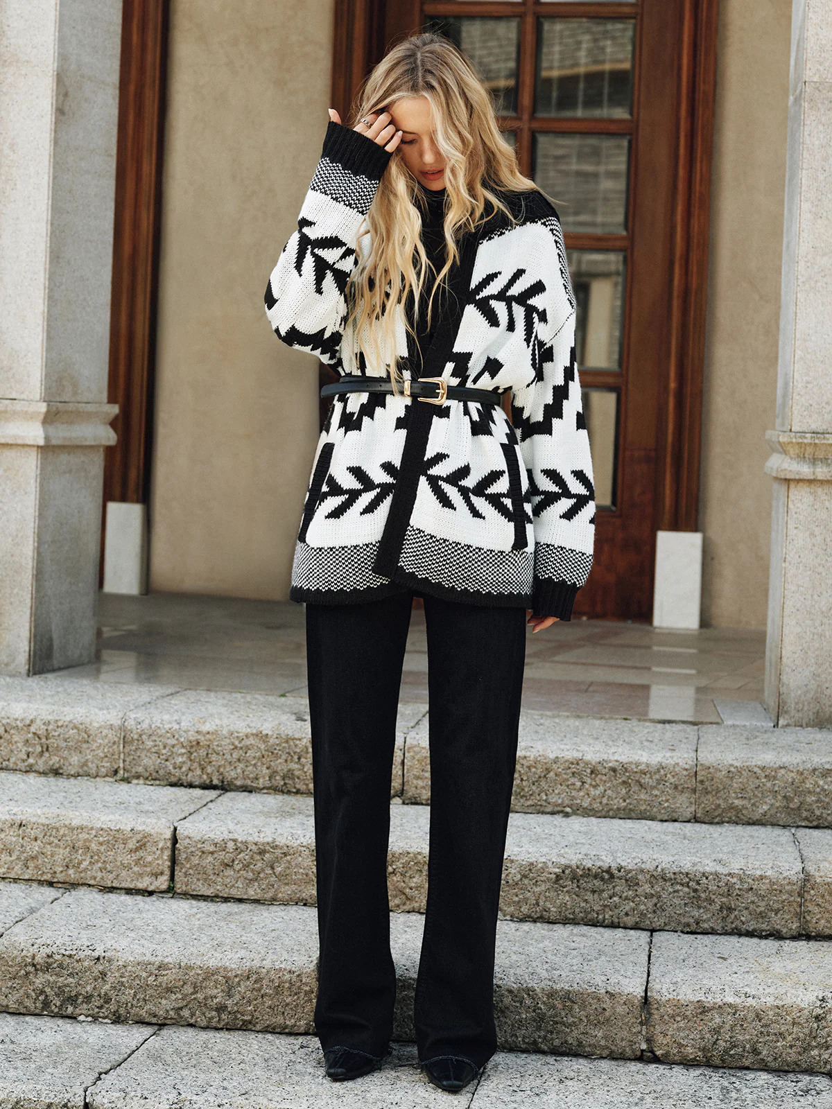 Geometric Pattern Collared Knit Cardigan without Belt