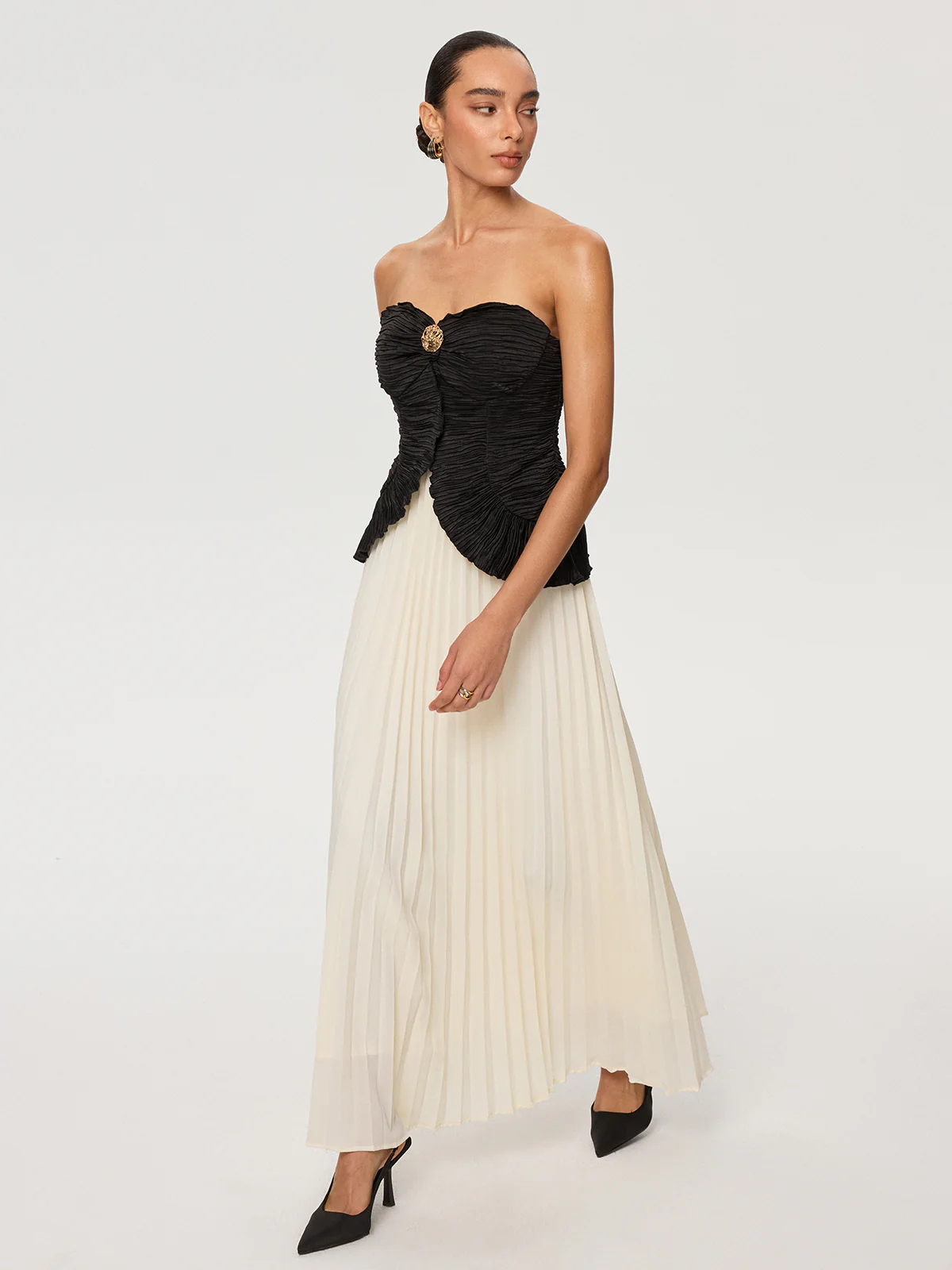 Color-Block Strapless Pleated Chiffon Maxi Dress