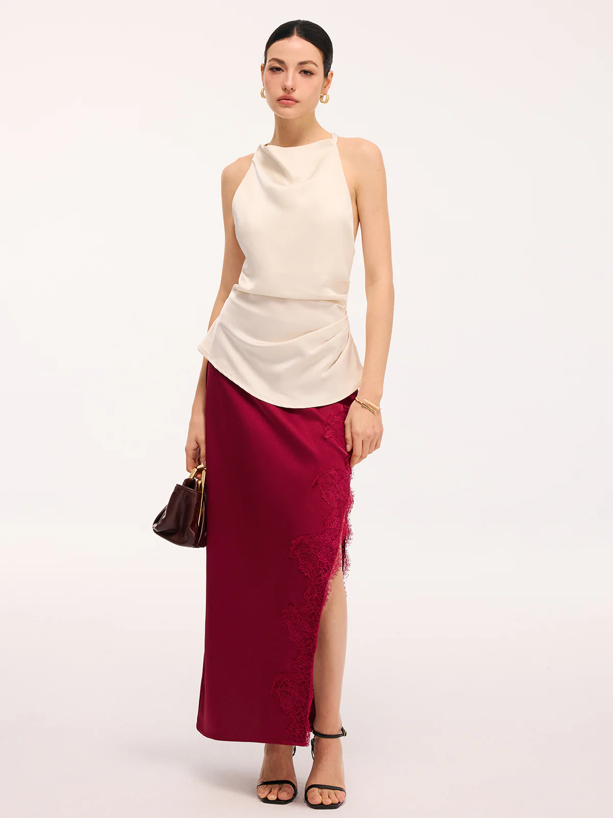 Side Slit Lace Trim Satin Maxi Skirt