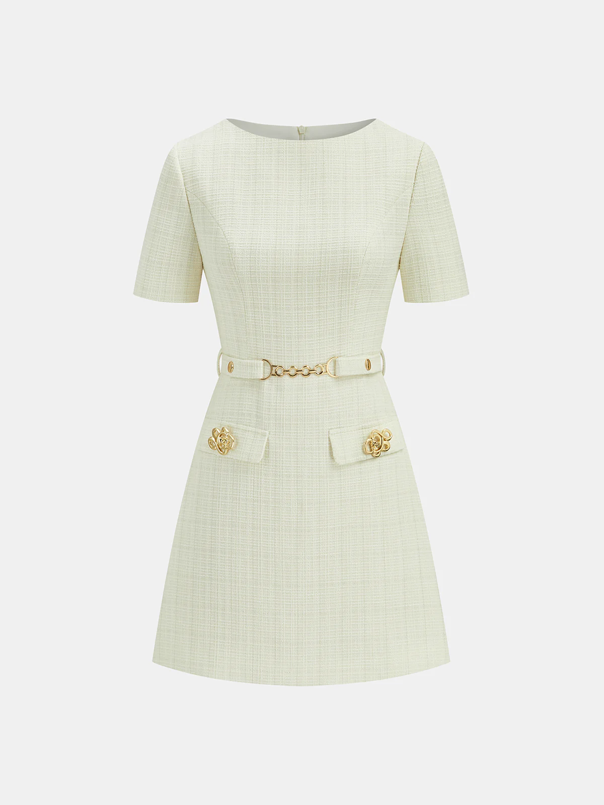 Metal Detail Tweed Belted Mini Dress