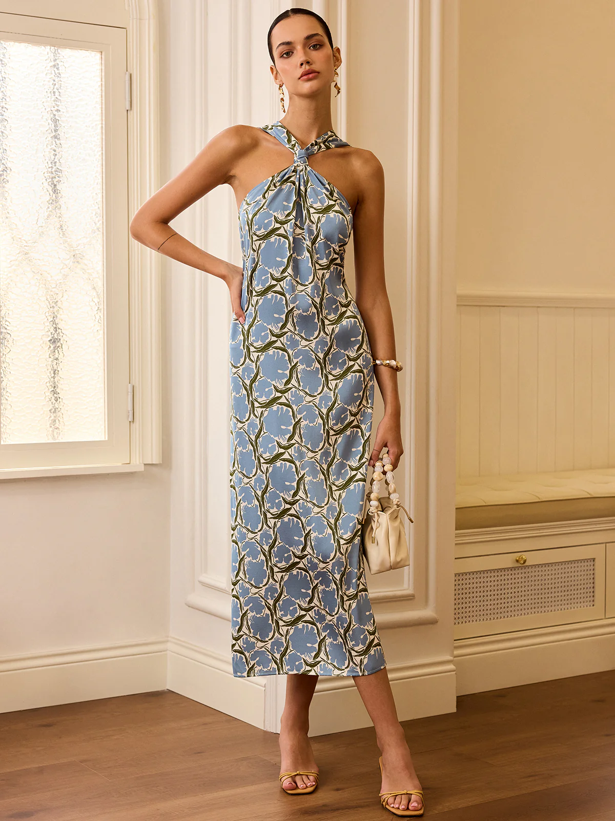 Halter Neck Floral Print Midi Dress