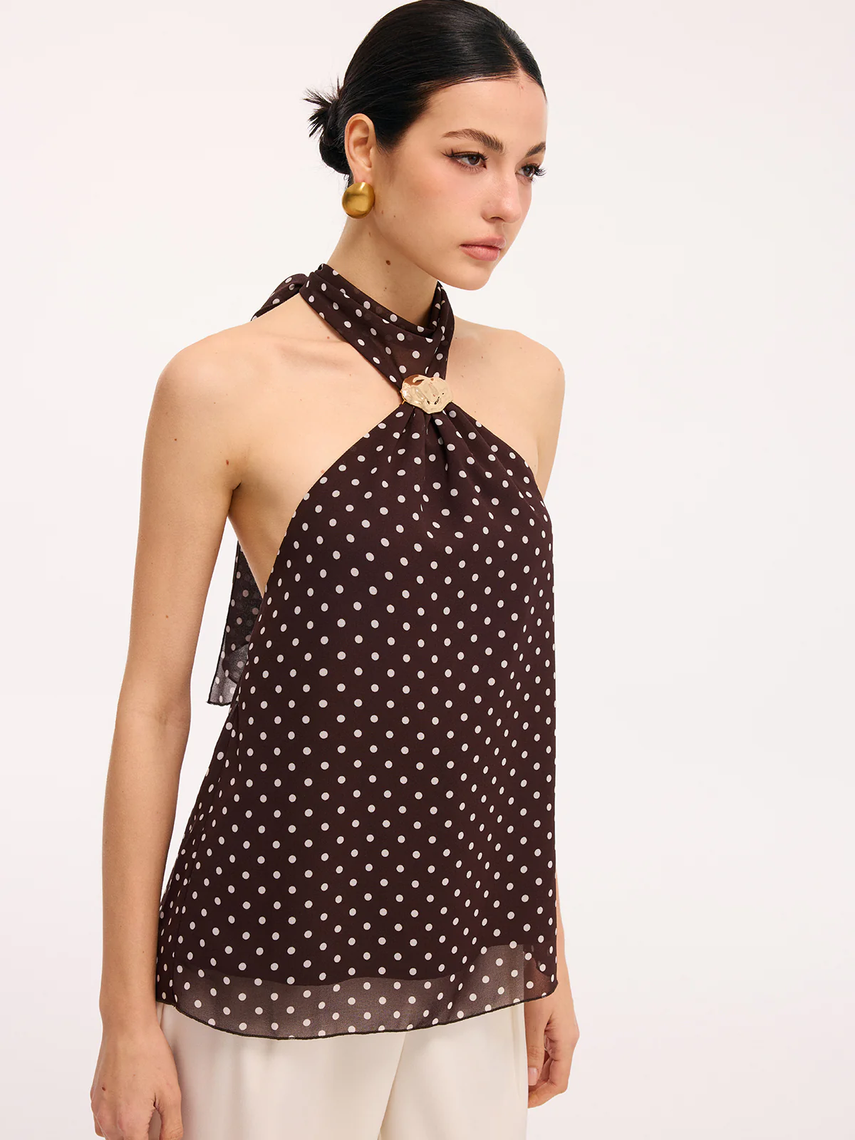Metal Detail Backless Polka Dot Halter Top