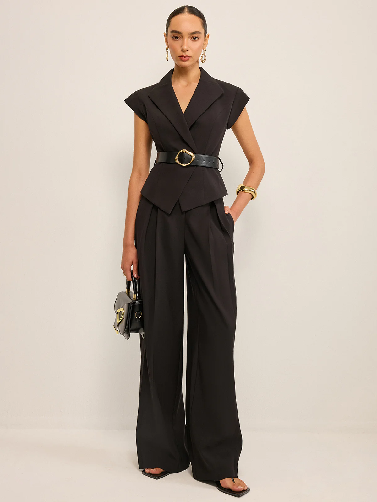 Belted Peplum Vest with Metal Buckle Detail