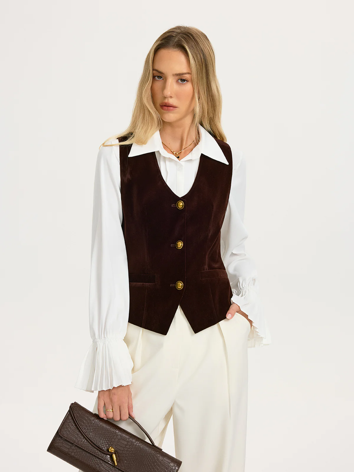 Metal Button Velvet Sleeveless Vest